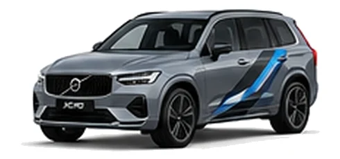 Volvo XC90 in Vapour Grey with blue, black and silver angular vinyl side stripes, front three-quarter view on a white background.
