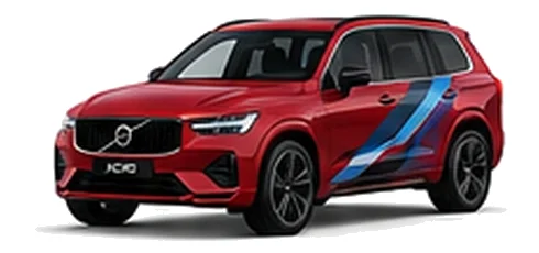 Volvo XC90 in Fusion Red with blue, black and silver angular vinyl side stripes, front three-quarter view on a white background.