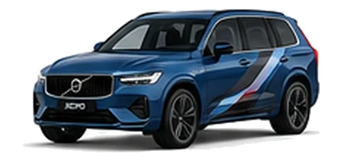 Volvo XC90 in Denim Blue with blue, black and silver angular vinyl side stripes, front three-quarter view on a white background.