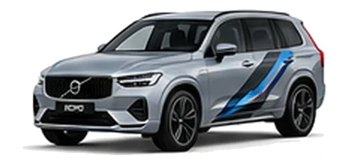 Volvo XC90 in Bright Dusk Silver with blue, black and silver angular vinyl side stripes, front three-quarter view on a white background.