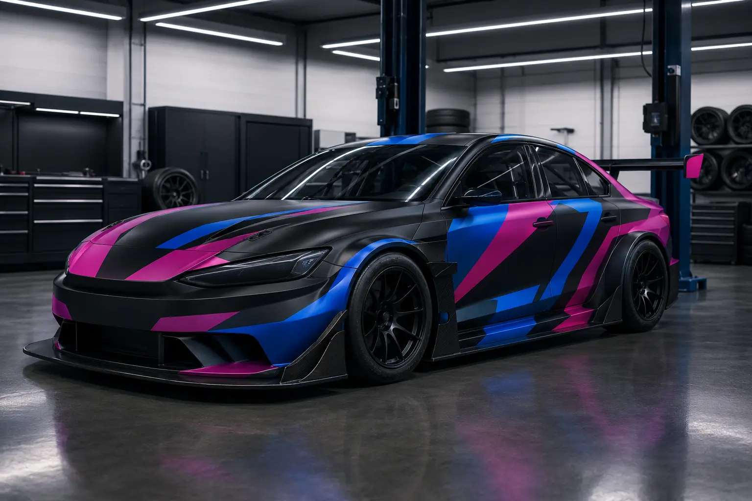 Black magenta and blue touring car graphics inside a race workshop