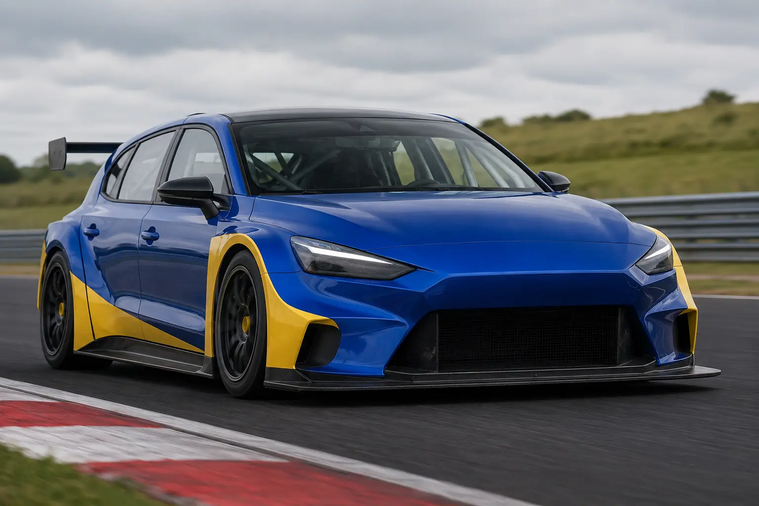 Blue and yellow custom touring car graphics on a UK race circuit