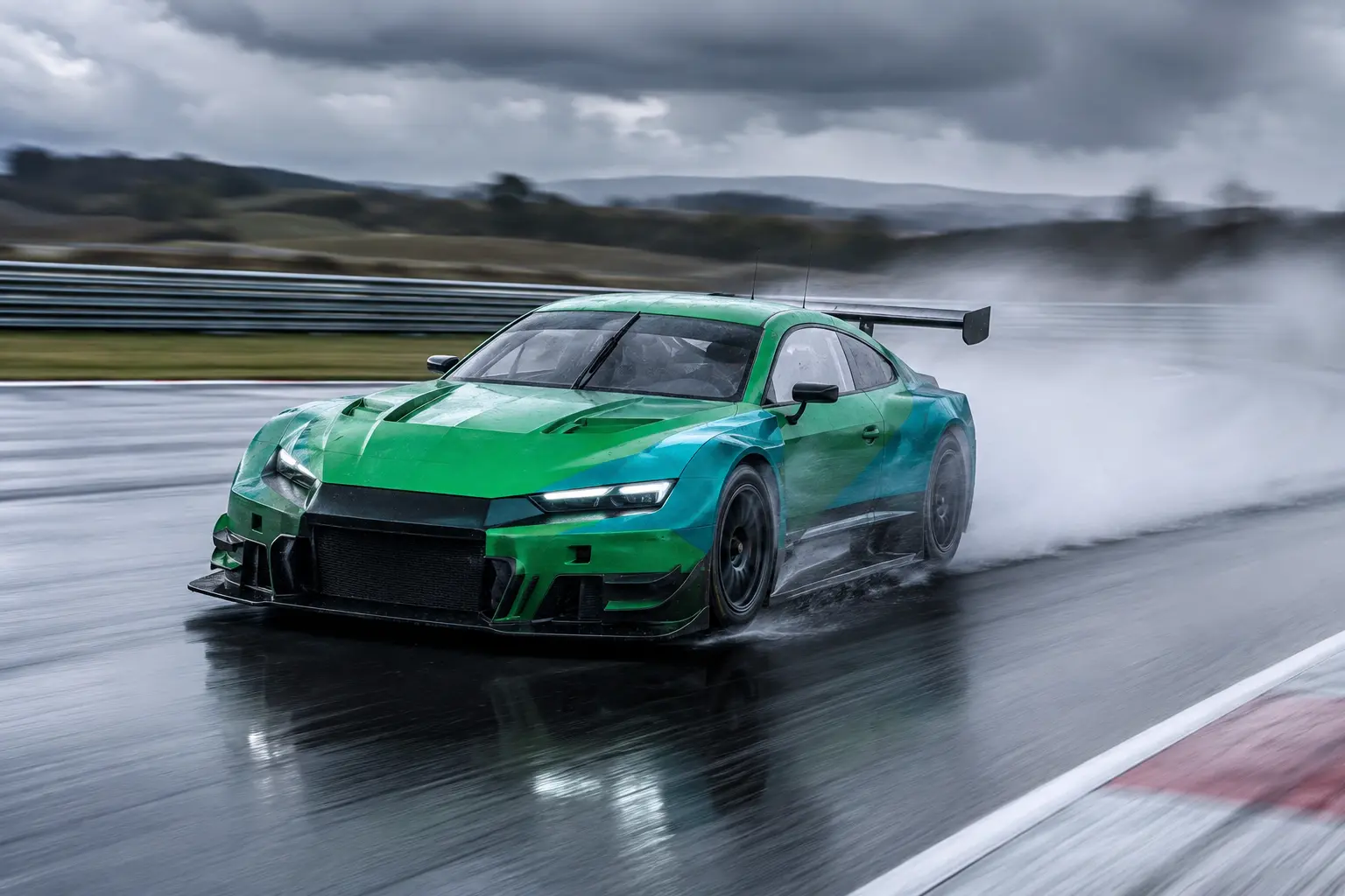 Green and teal touring car livery racing on a wet track