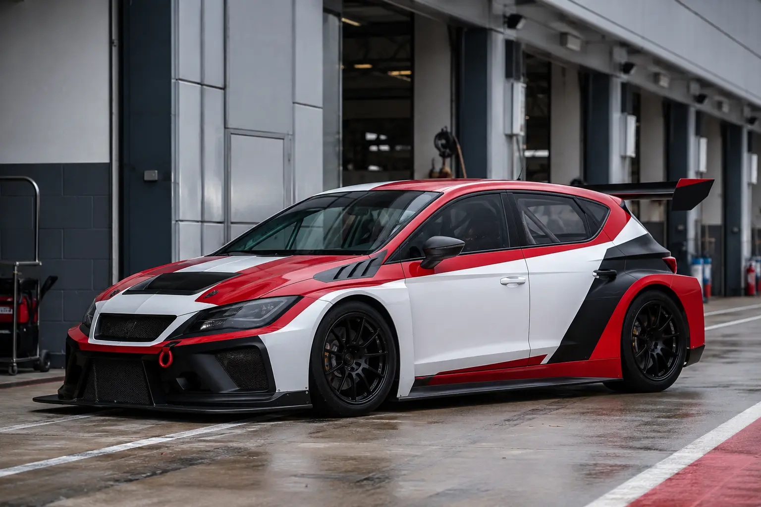 Red white and black racing livery on a touring car in the pit lane