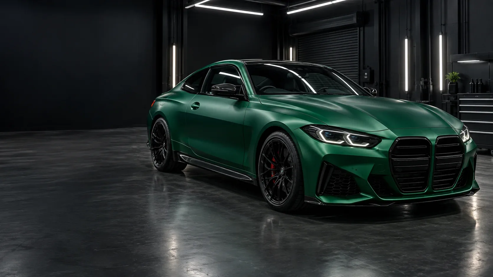Colour-change wrap concept on a satin emerald coupe inside a dark fitting bay