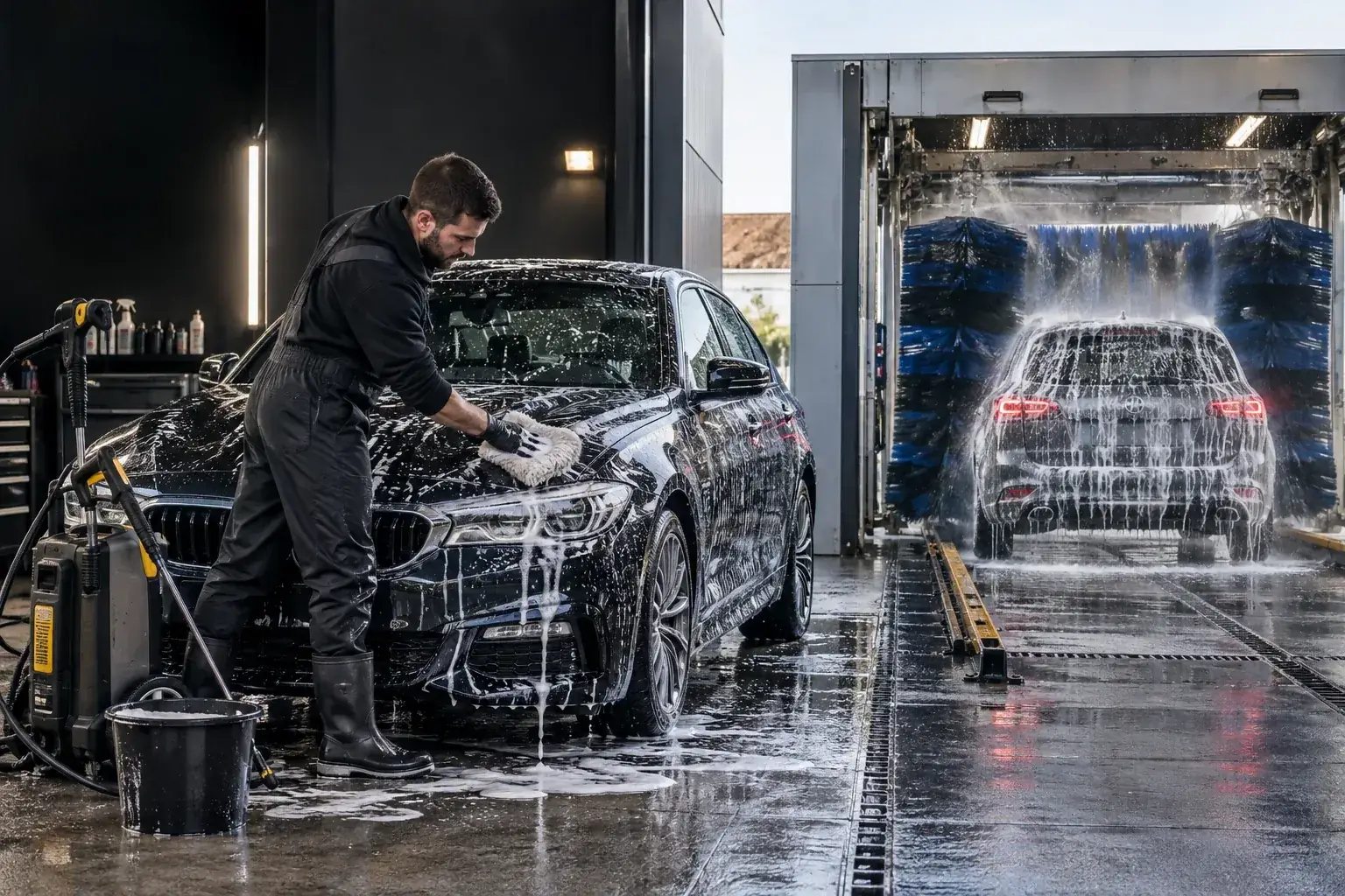 Professional hand car wash compared side by side with an automatic brush car wash