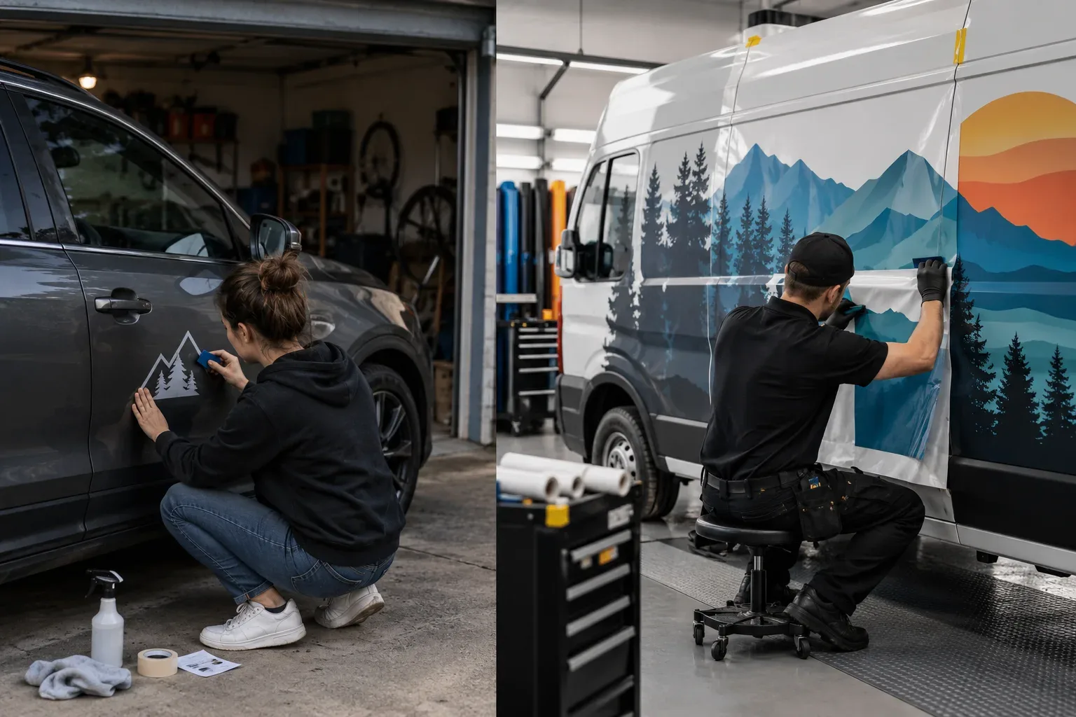 Vehicle owner applying a small car decal beside a professional installer fitting large multi-panel van graphics