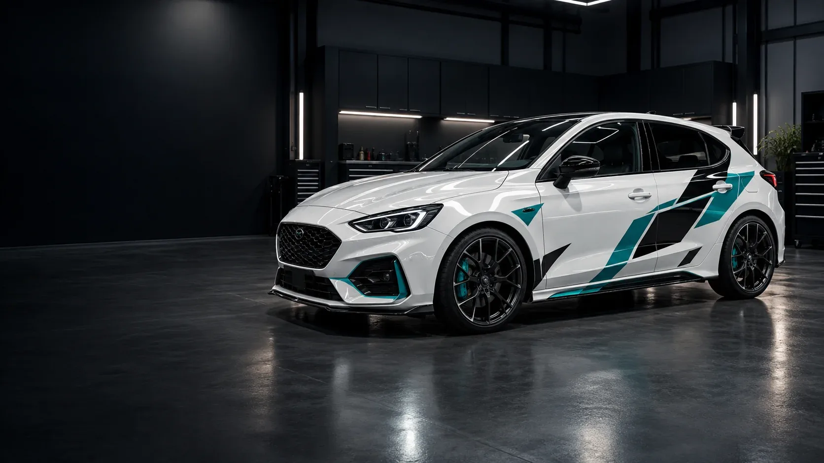 Custom car decal concept with separate teal and black geometric vinyl shapes on a white hatchback in a fitting centre