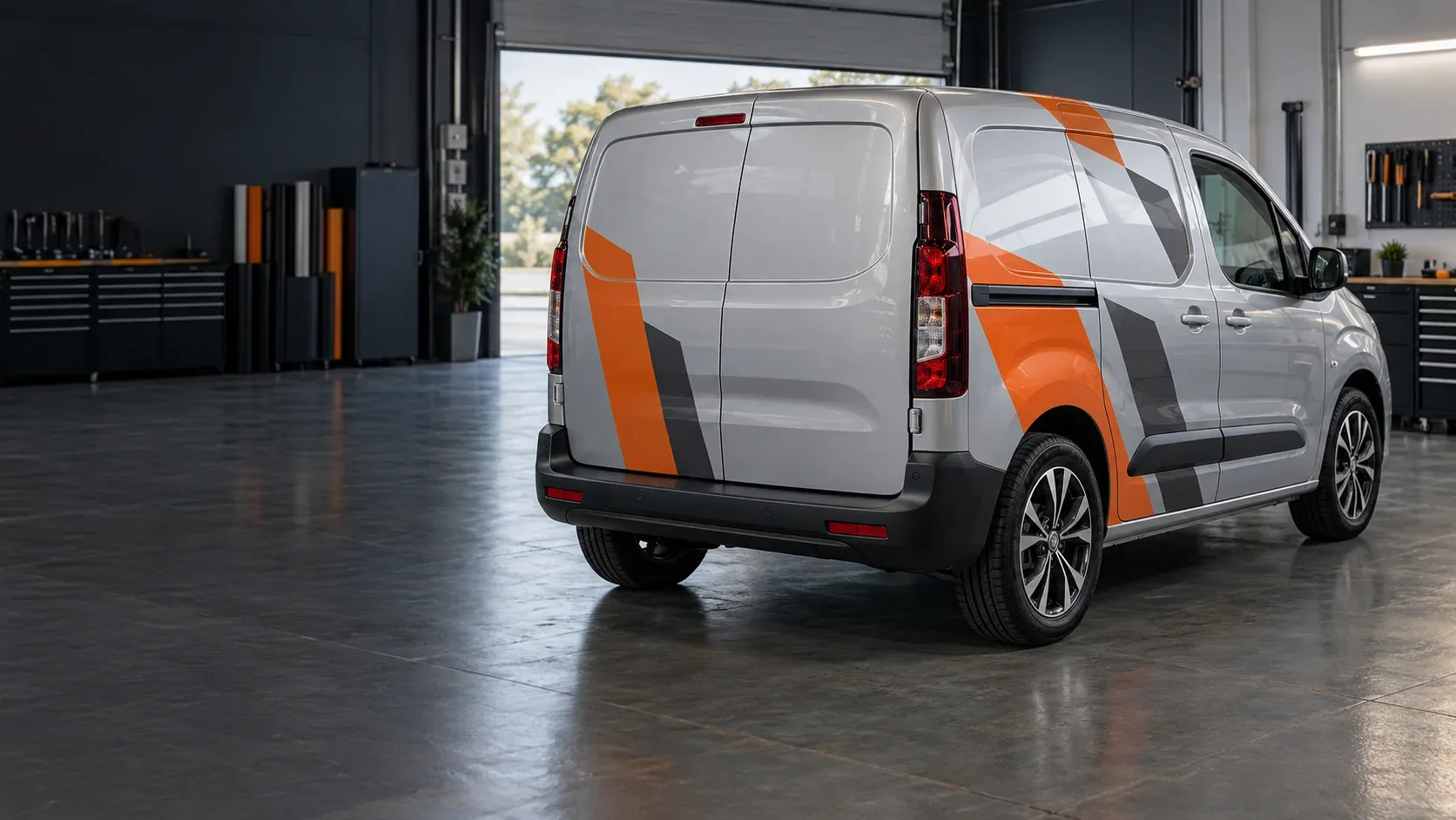 Custom van decal concept with separate orange and charcoal shapes on a silver compact van