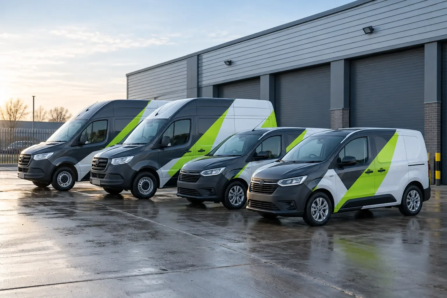 Four commercial vans with consistent fleet graphics outside a business depot