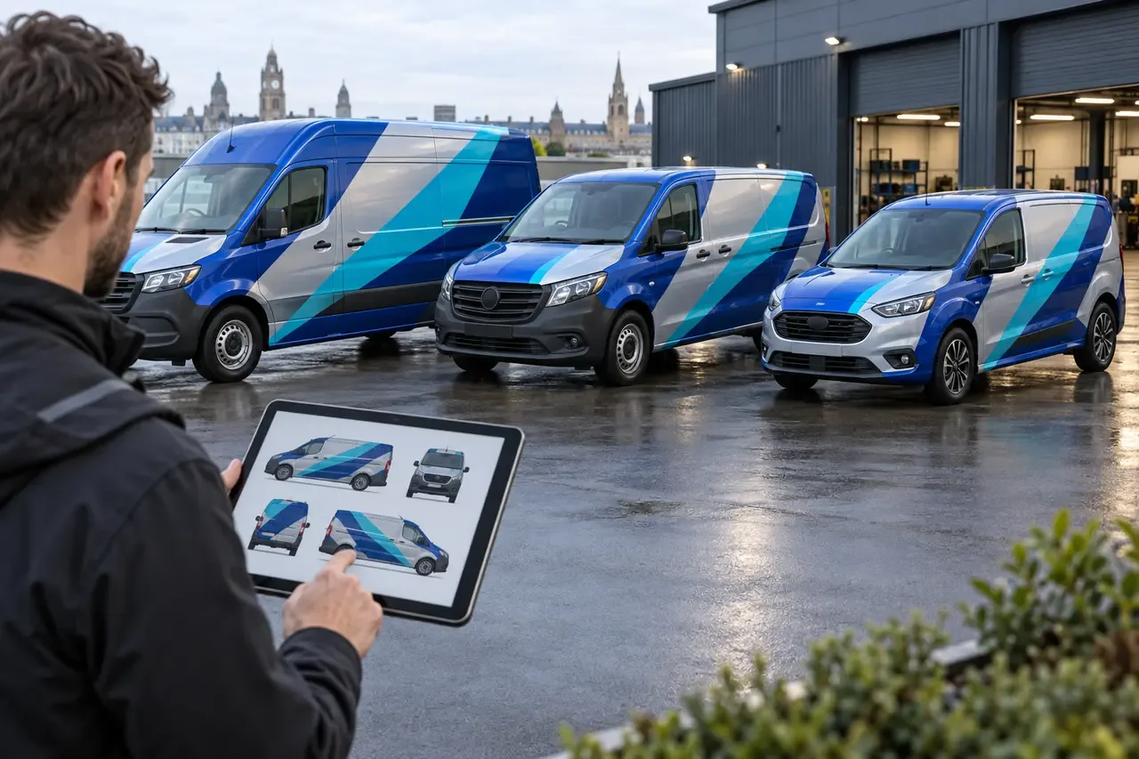 Three vans of different sizes with the same blue and teal modular wrap, with the panel layouts reviewed on a tablet