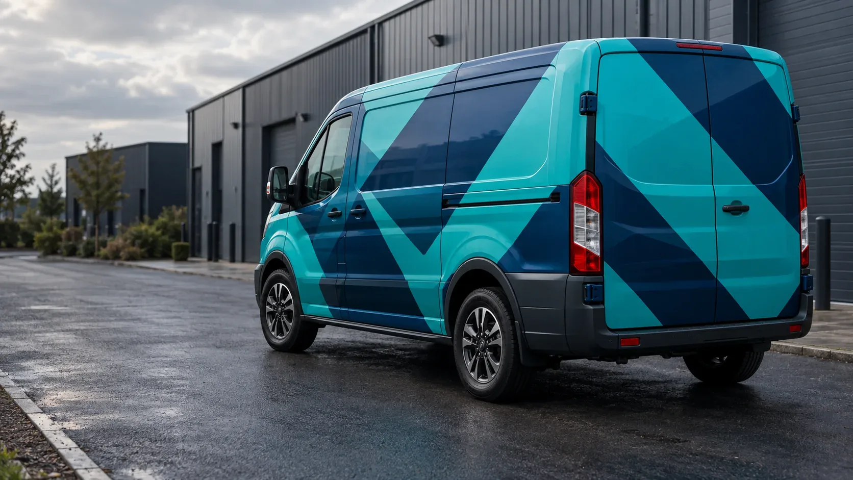 Full van wrap concept with teal and navy geometric graphics across the exterior of a panel van
