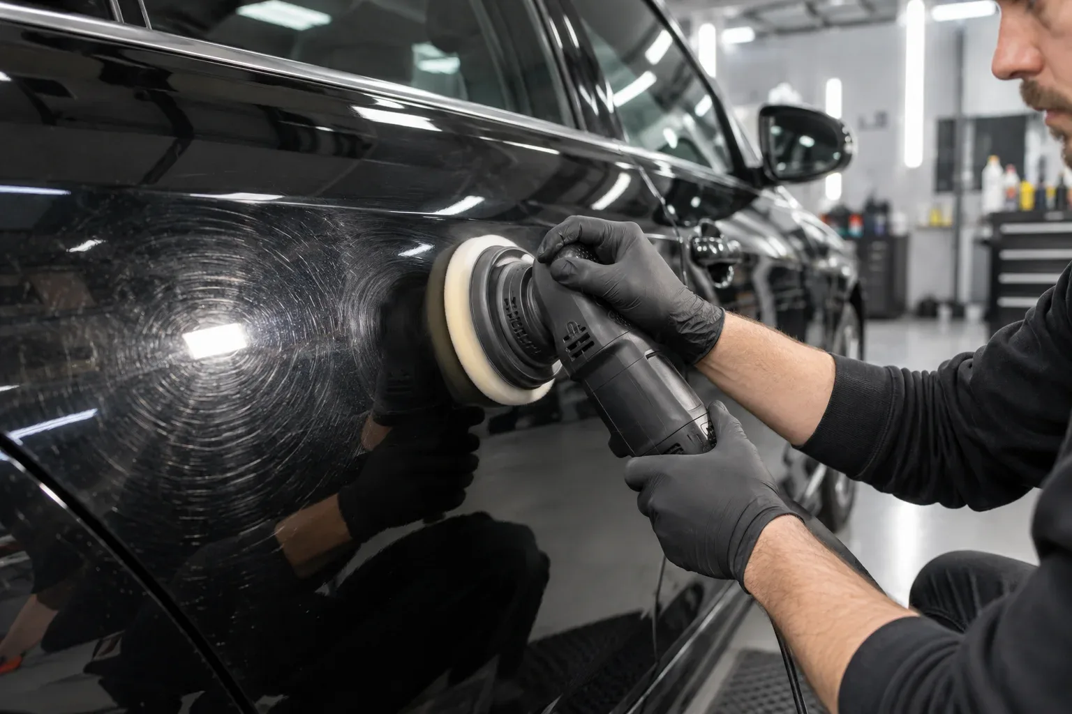 Technician machine polishing fine swirl marks from a black car door under bright paint inspection lighting