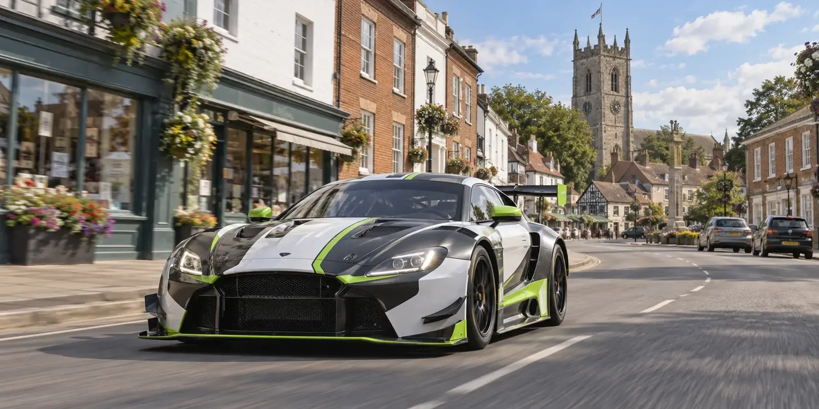 Race-liveried GT car travelling through Dereham town centre