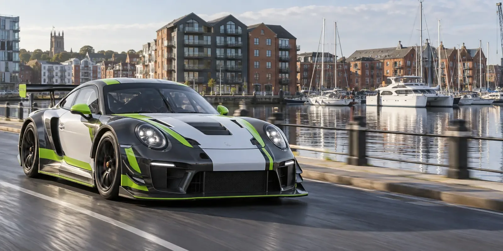 Race-liveried GT car travelling beside Ipswich Waterfront and marina