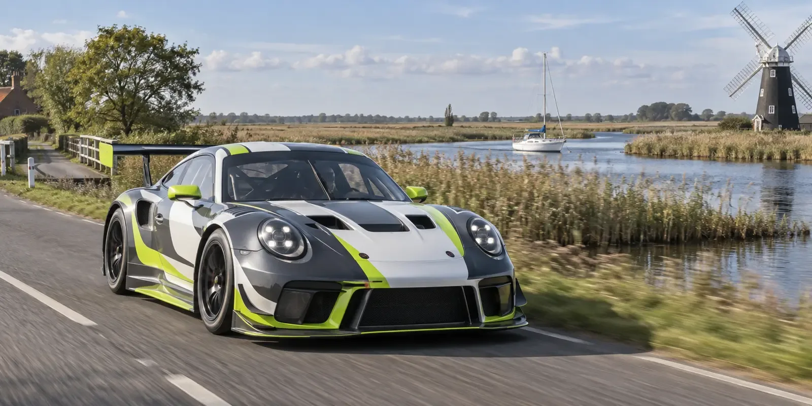 Race-liveried GT car travelling through the Norfolk Broads beside a drainage windmill