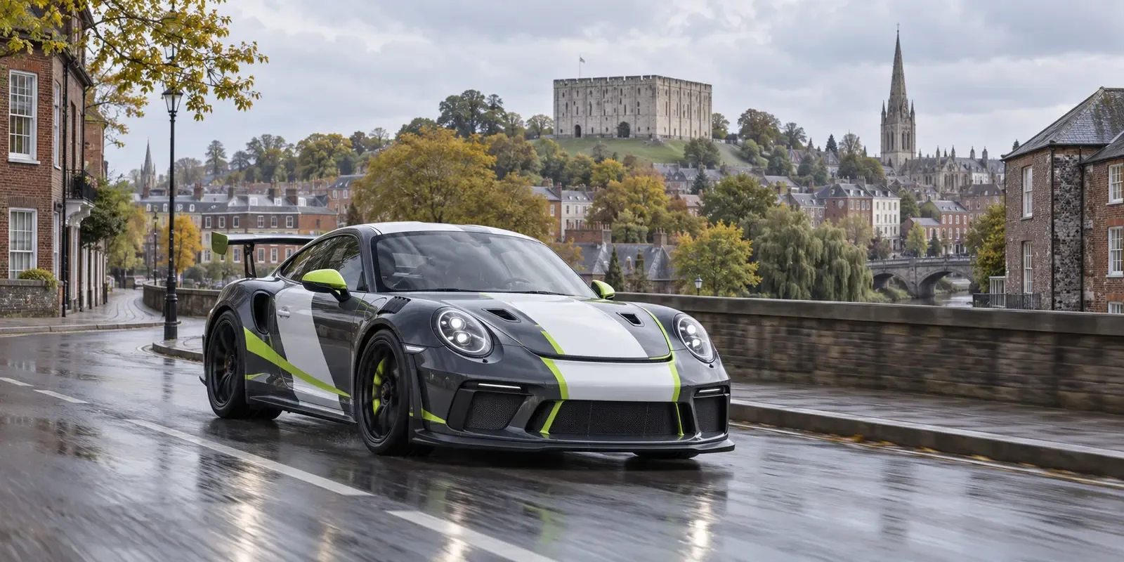 Race-liveried GT car travelling through Norwich with Norwich Castle visible