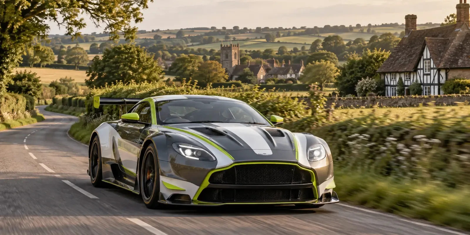 Race-liveried GT car travelling through the Suffolk countryside