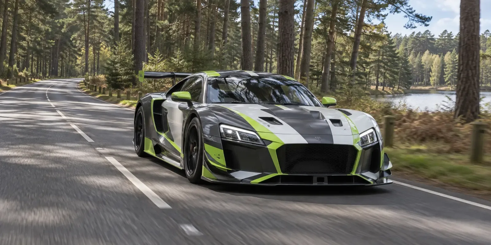 Race-liveried GT car travelling on a road through Thetford Forest