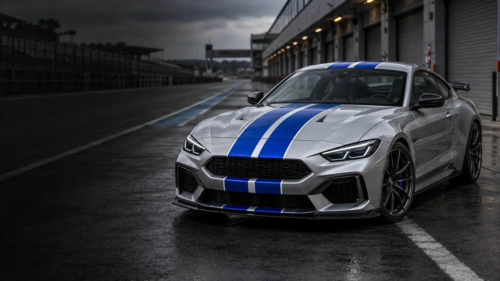 Motorsport stripe concept on a silver performance coupe with twin blue bonnet and roof stripes in a pit lane