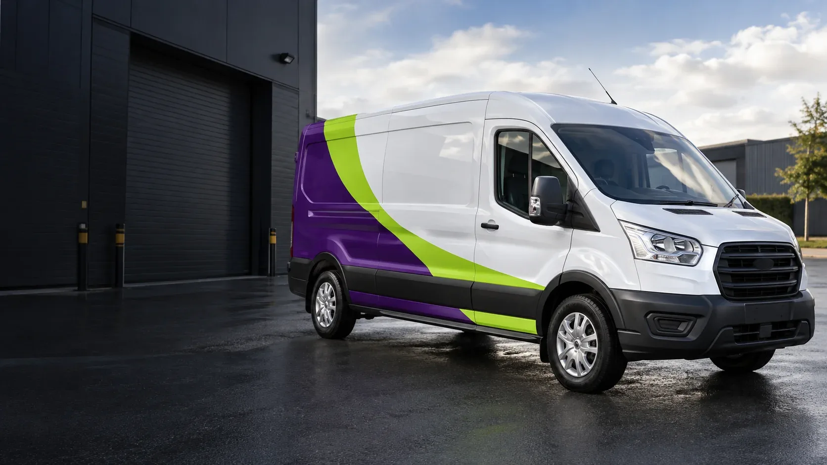 Partial van wrap concept with purple and lime rear-quarter graphics and a white cab