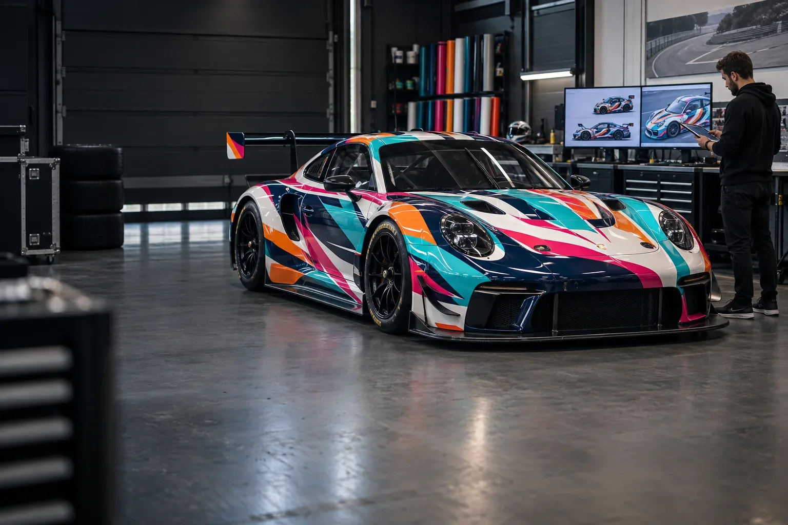 Custom race car livery designer developing colourful vehicle-specific motorsport graphics in a Norwich fitting centre