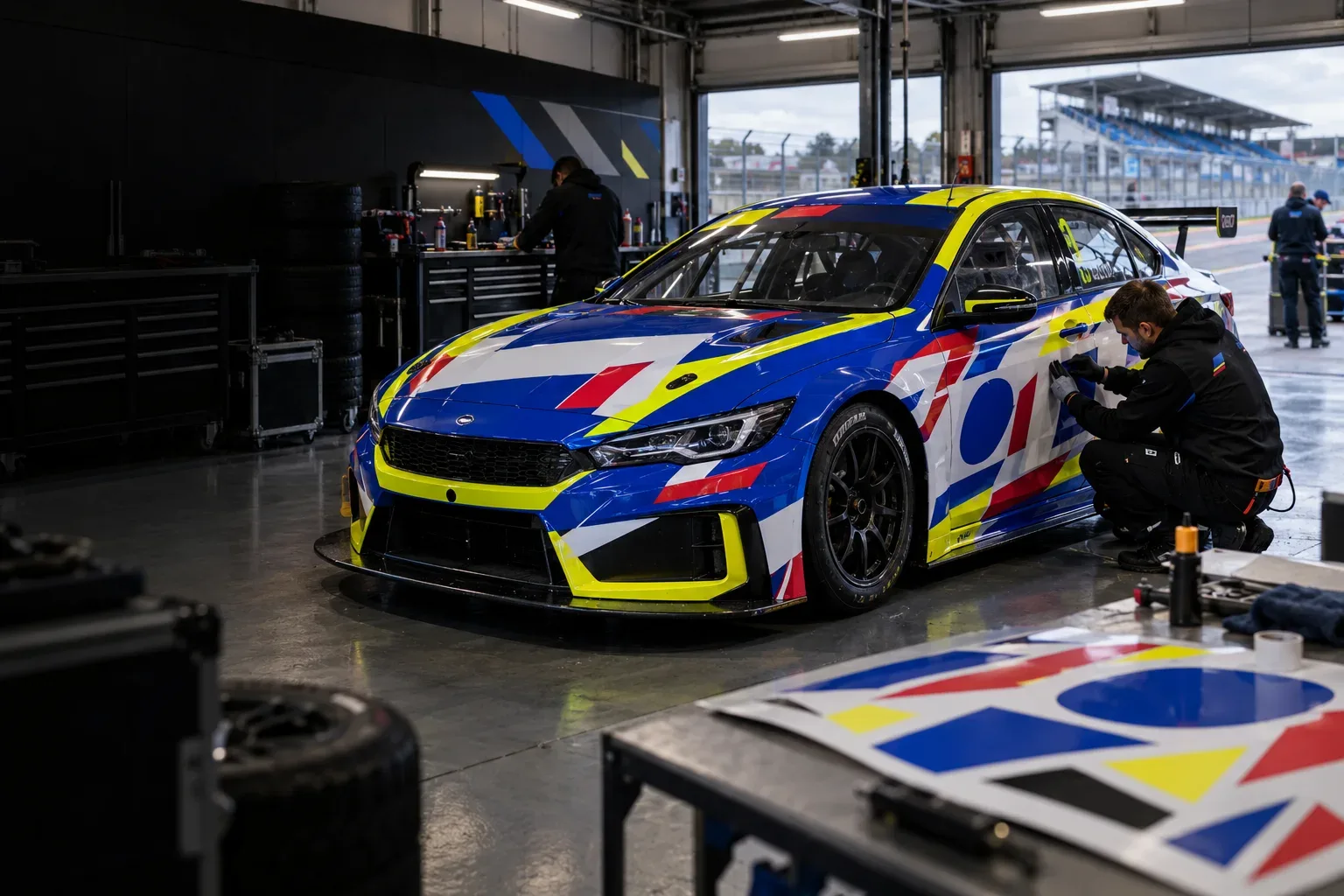 Race car sponsor graphics specialist positioning colourful authorised partner decals on a touring car in a motorsport garage