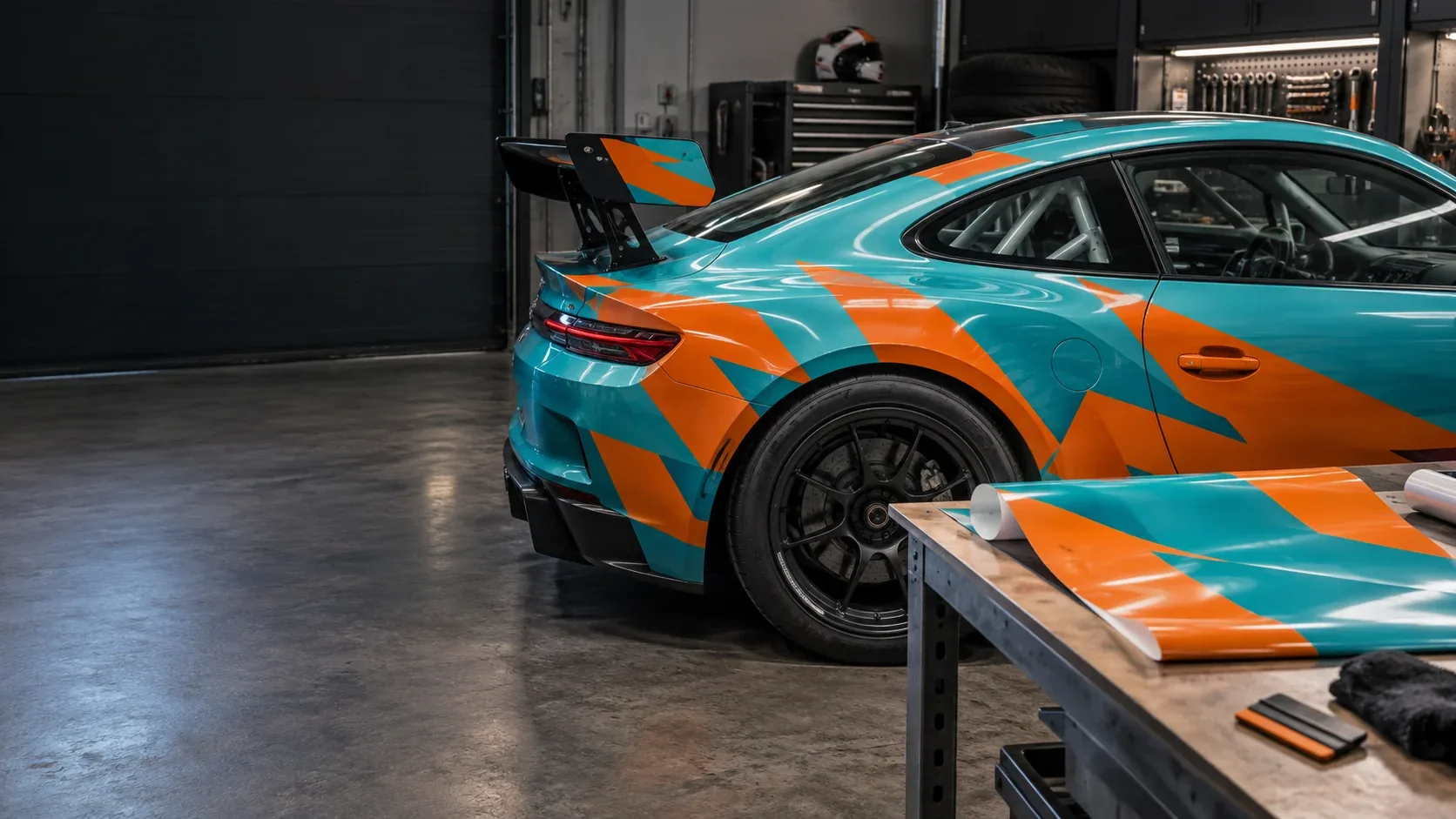 Replacement race graphics concept with turquoise and orange livery and matching vinyl on a workbench beside a race car