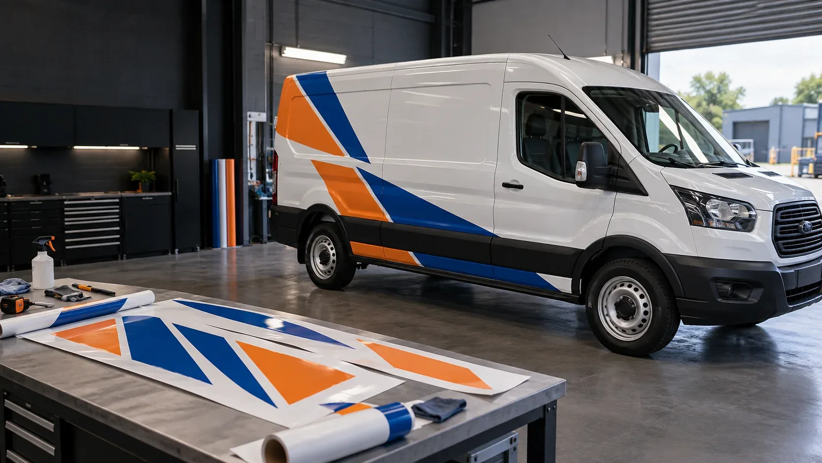 Replacement van decal concept with blue and orange vinyl on a workbench beside a white van