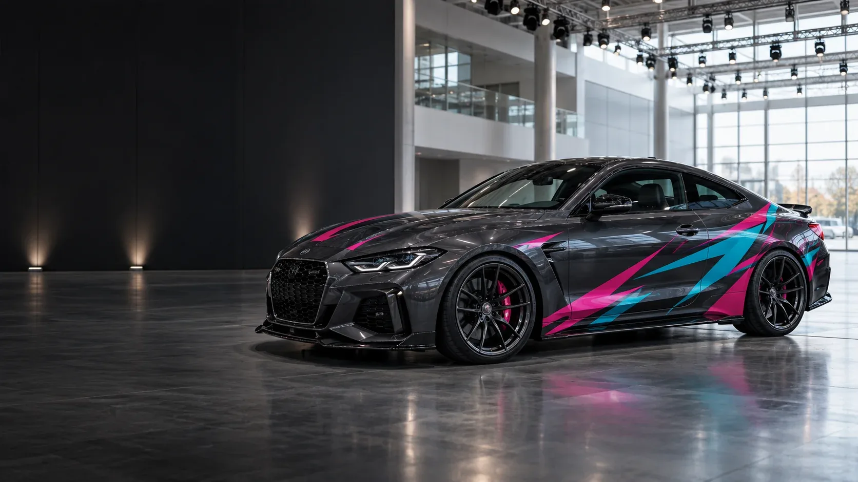 Show car graphics concept with magenta and cyan geometric vinyl on a charcoal coupe in an exhibition setting