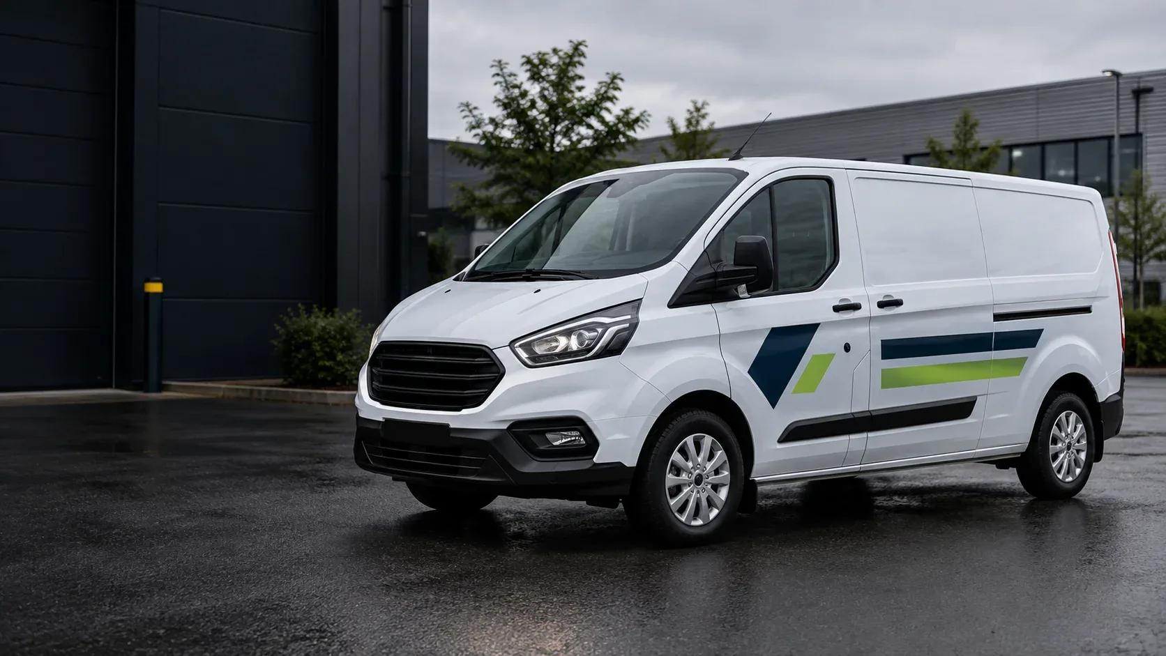 Van signwriting layout concept with navy and lime cut-vinyl shapes on a white panel van