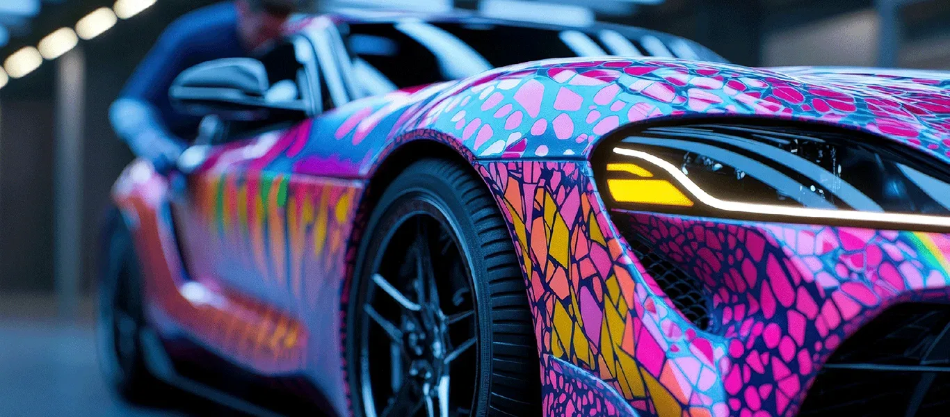 Colourful pink, blue and yellow custom vehicle graphics fitted to a sports car by Race Car Graphics