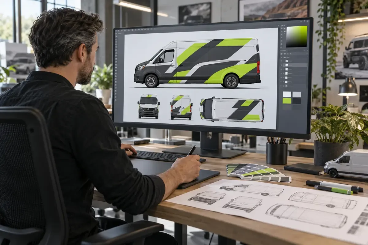 Vehicle graphics artwork being discussed in the design studio