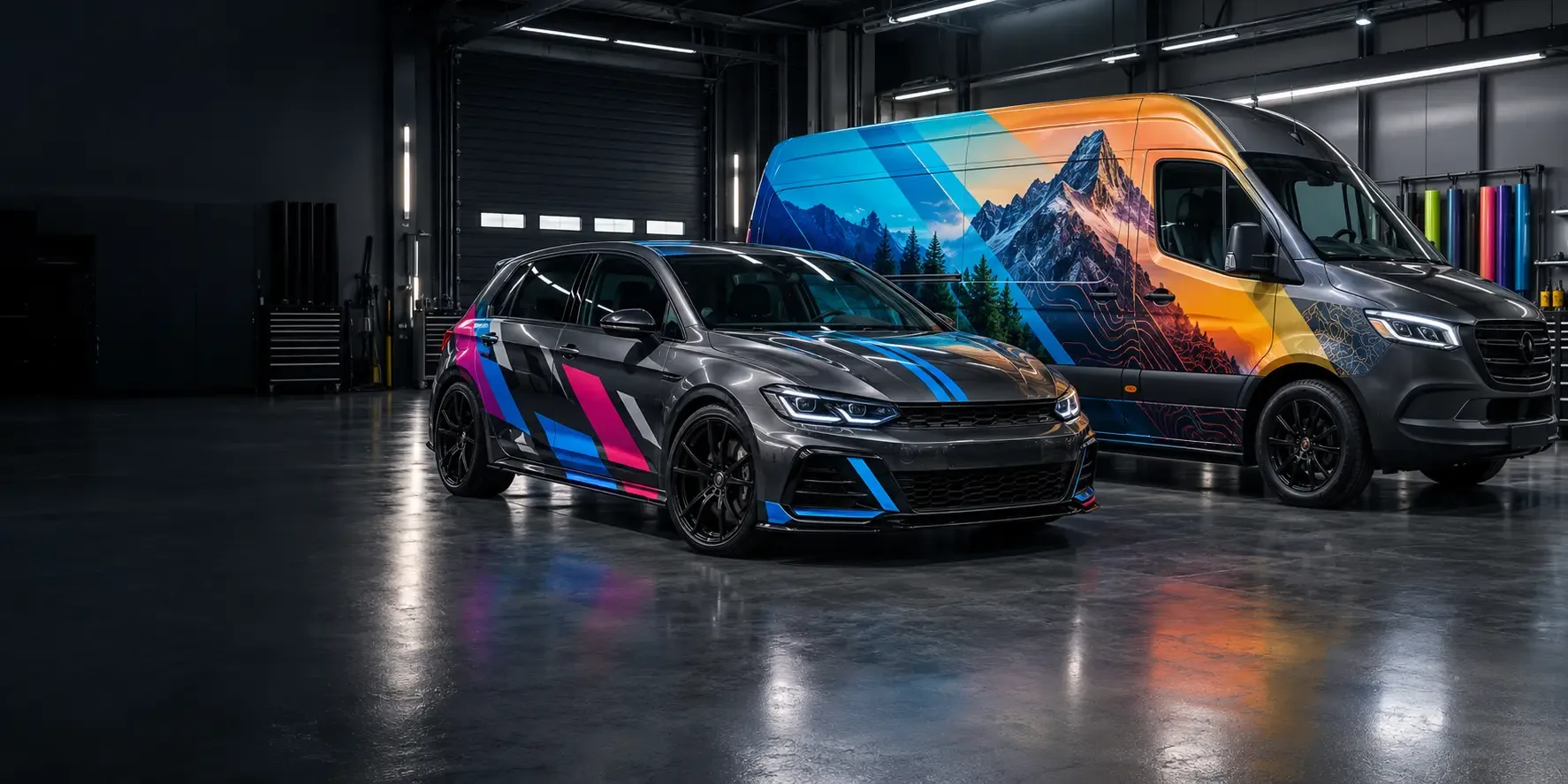 Car and van displaying single-colour, two-colour and full-colour vehicle graphics packages in a professional Norwich fitting centre