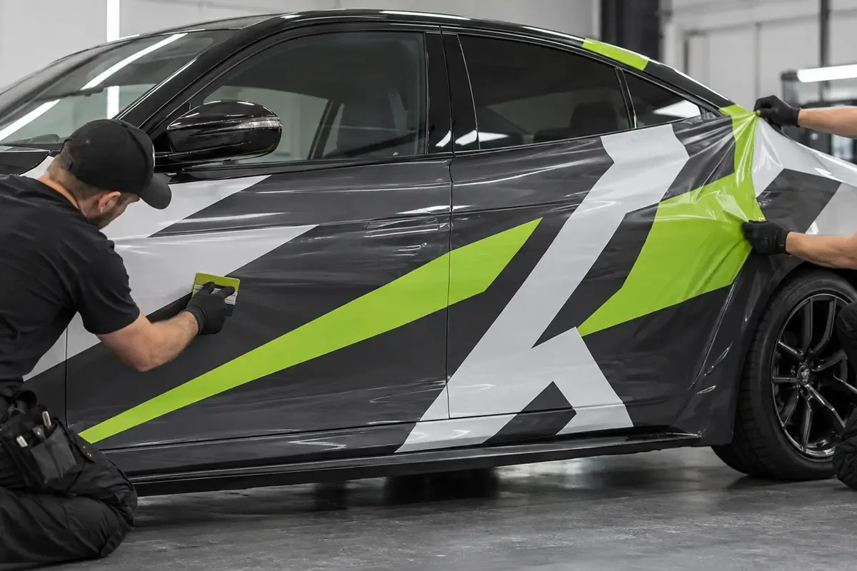 Installers applying a printed vinyl panel to a vehicle