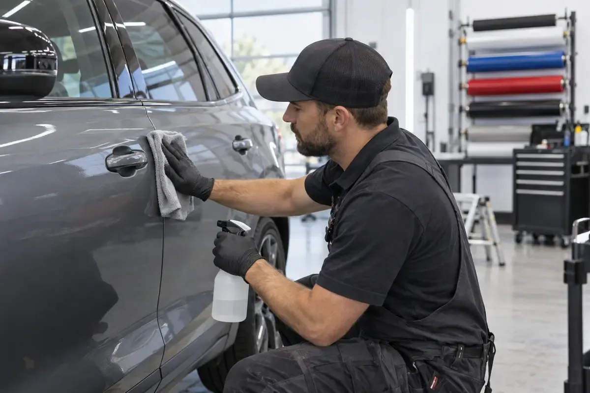 Vehicle panel being prepared for graphics
