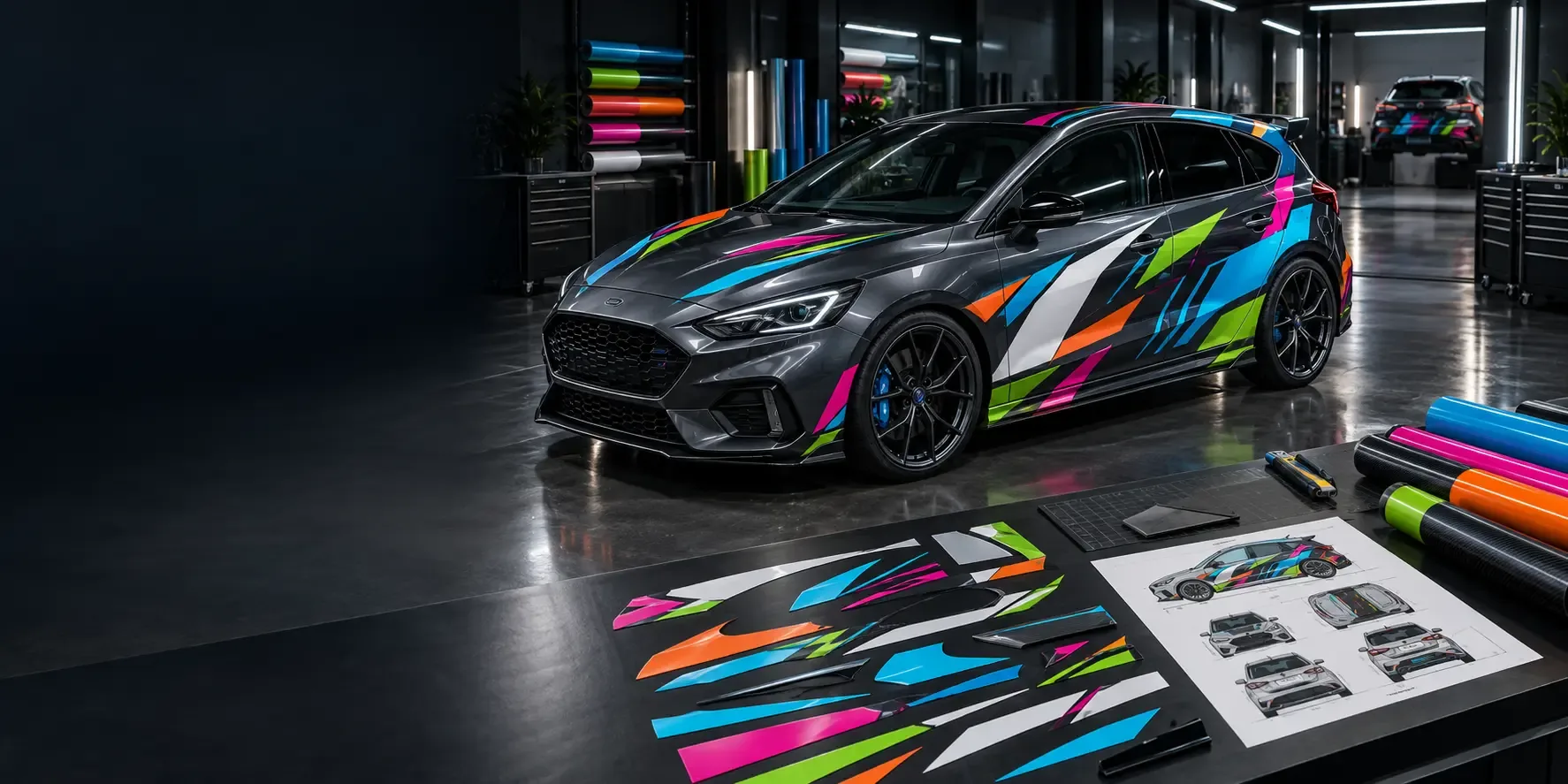Performance car and commercial van with colourful vehicle-specific cut-vinyl stripes, decals and graphics