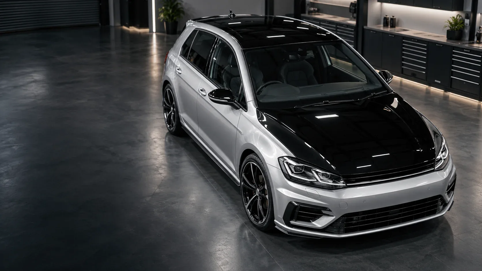 Roof and bonnet wrap concept on a silver hatchback with contrasting gloss black roof and bonnet
