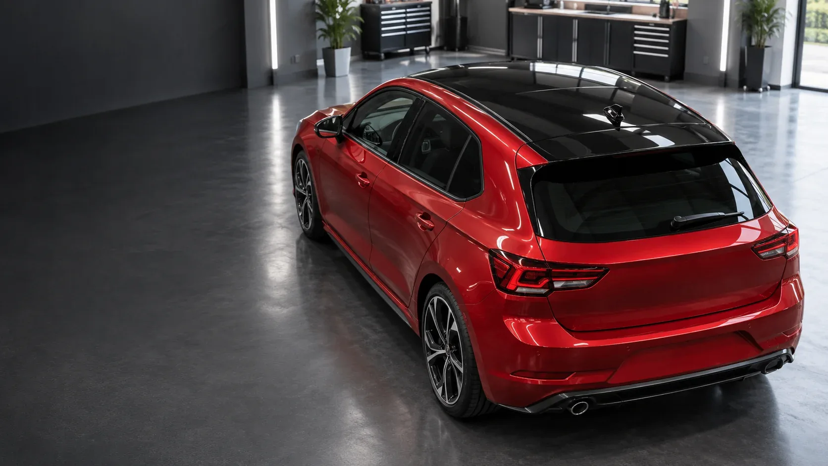 Roof wrap concept on a red hatchback with a contrasting black roof and red bodywork