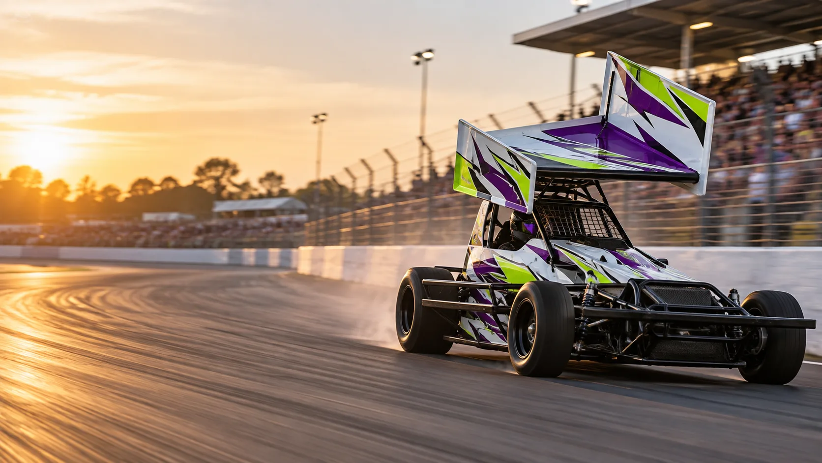 Stock car with a white, purple and lime livery on its roof wing, racing past the grandstand at sunset