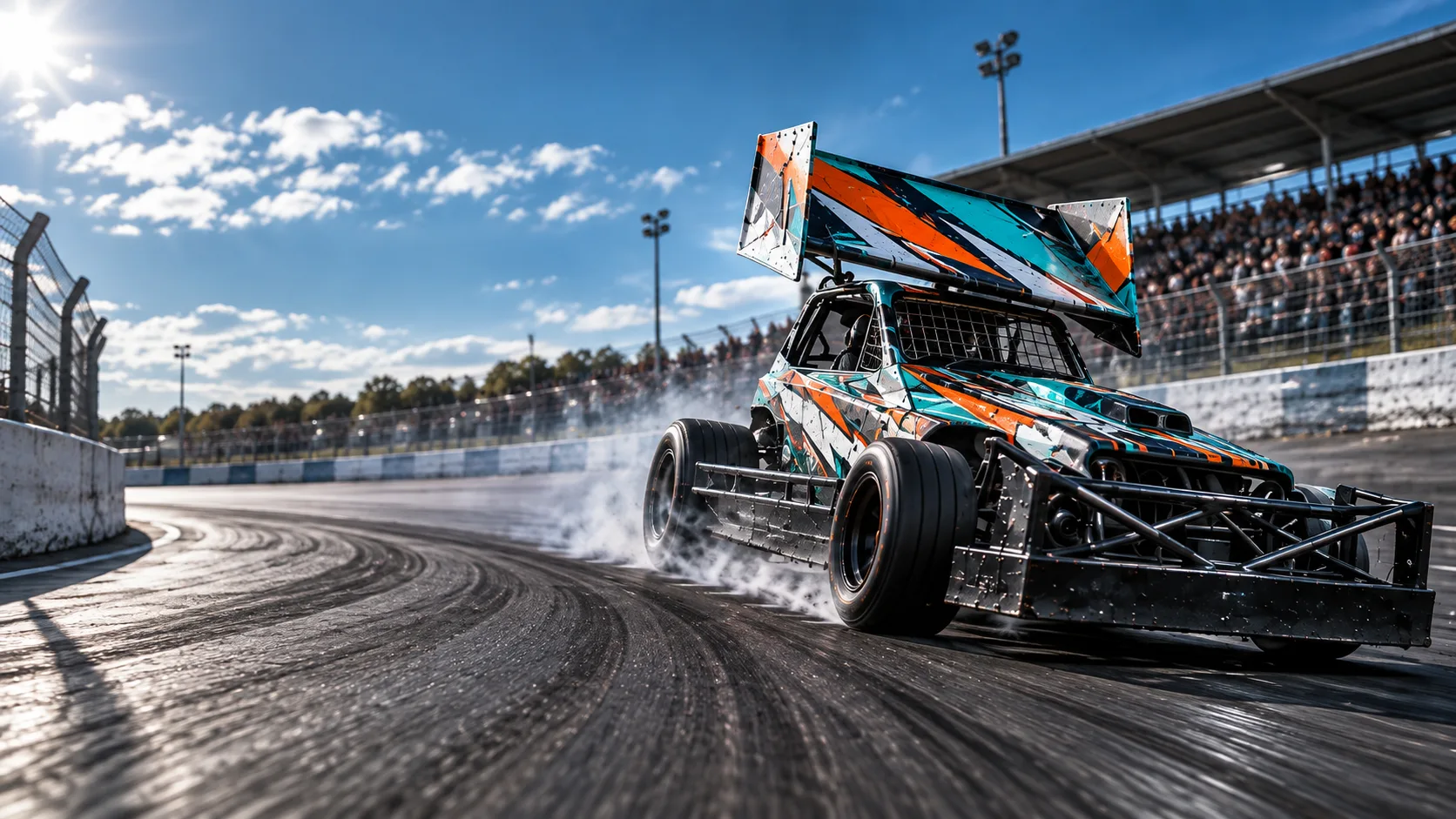 F1 stock car with a teal, orange and white geometric livery on the roof wing and body, cornering on a sunny oval